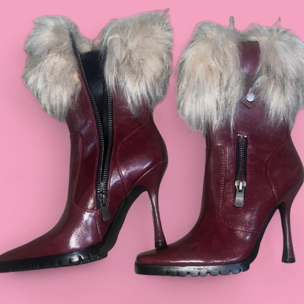 Burgundy Fur-Trimmed Heeled Boots